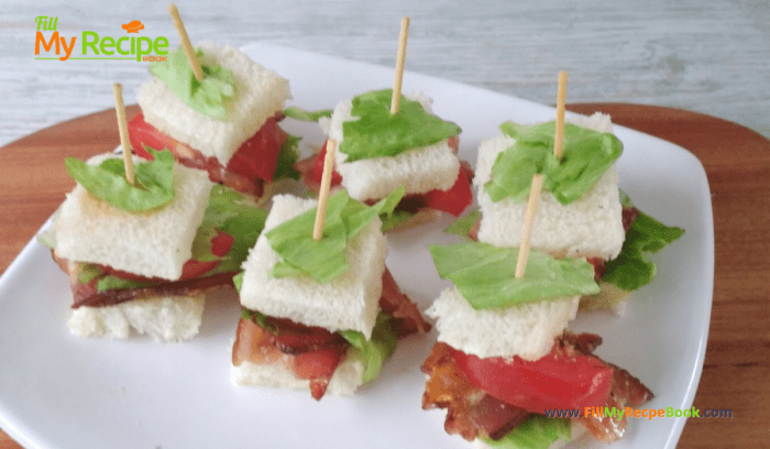 Mini BLT Toothpick Appetizers recipe idea for a party. Great finger food sandwich that are a one bite savory appetizer on toothpick skewers.