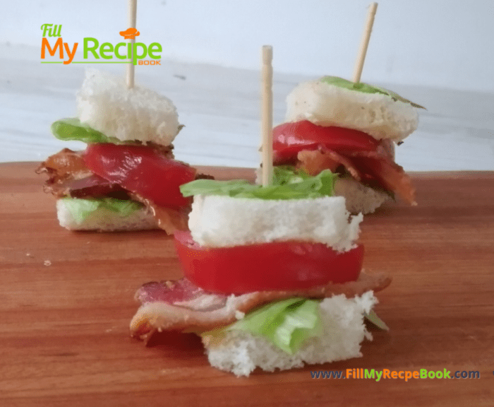 Mini BLT Toothpick Appetizers recipe idea for a party. Great finger food sandwich that are a one bite savory appetizer on toothpick skewers.