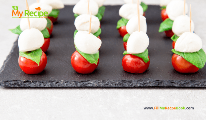 Mini Caprese Salad Skewers recipe idea for an appetizer, using cocktail toothpicks for a finger food, served with a reduced balsamic vinegar.