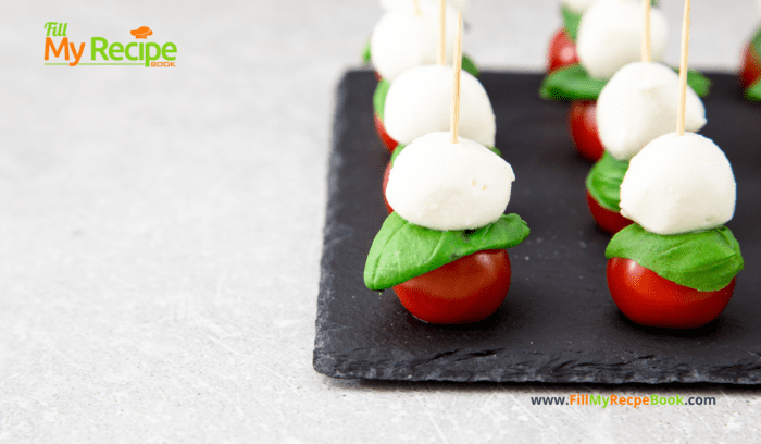 Mini Caprese Salad Skewers recipe idea for an appetizer, using cocktail toothpicks for a finger food, served with a reduced balsamic vinegar.