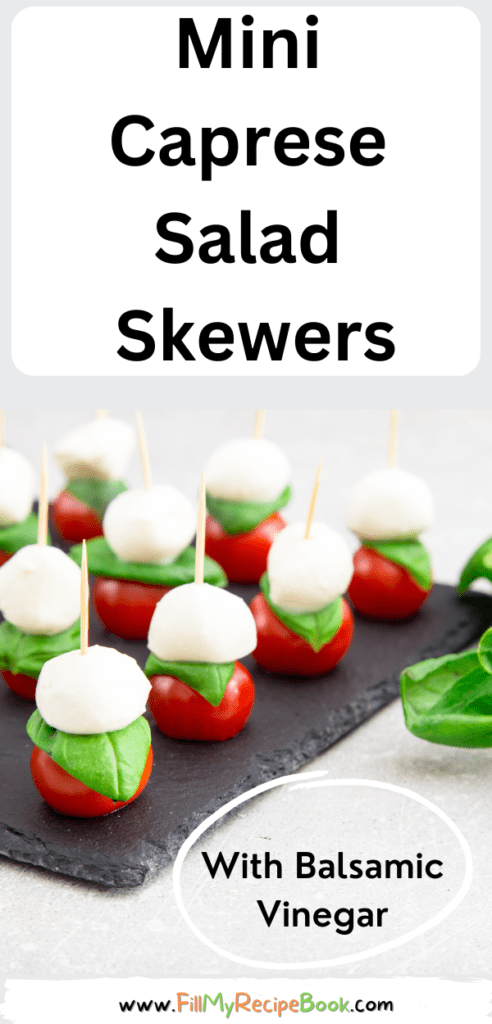 Mini Caprese Salad Skewers recipe idea for an appetizer, using cocktail toothpicks for a finger food, served with a reduced balsamic vinegar.