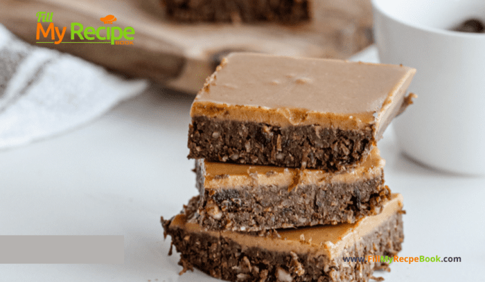 Peanut Butter Caramel Brownies Recipe. Dessert that is a no bake snack with walnut and date base, chocolate filling, salted caramel topping.