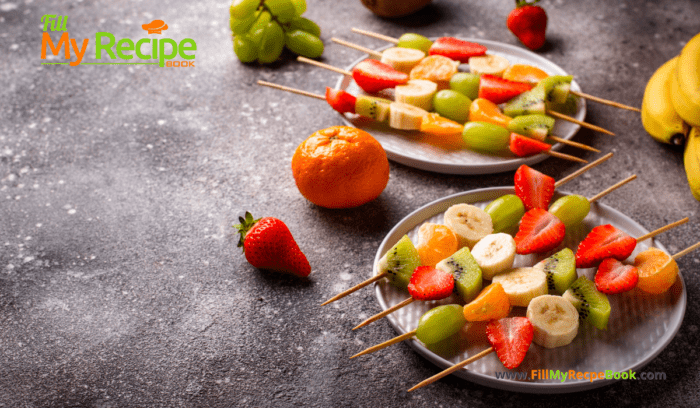 Simple Fruit Skewers Appetizers recipe idea with a yogurt dip. A homemade fruit snack or dessert that is kid safe, a platter for a party.