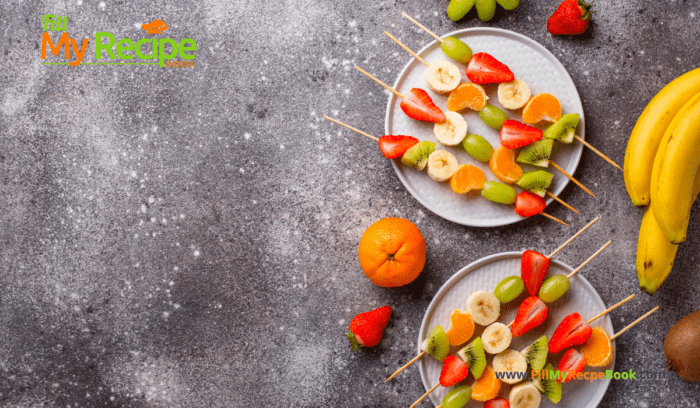 Simple Fruit Skewers Appetizers recipe idea with a yogurt dip. A homemade fruit snack or dessert that is kid safe, a platter for a party.