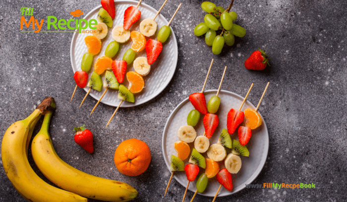 Simple Fruit Skewers Appetizers recipe idea with a yogurt dip. A homemade fruit snack or dessert that is kid safe, a platter for a party.
