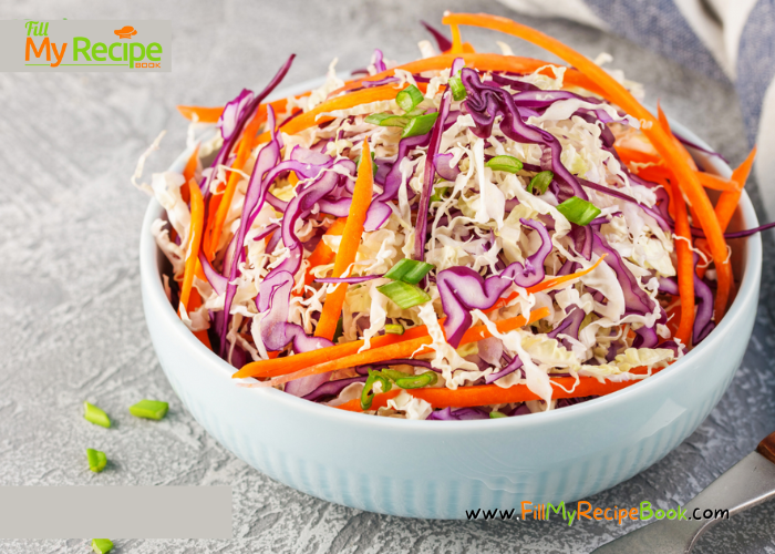 Crunchy Coleslaw Salad and Sauce recipe idea to add to braai’s, barbecue meals as a cold side dish. Healthy summer salad with dressings.