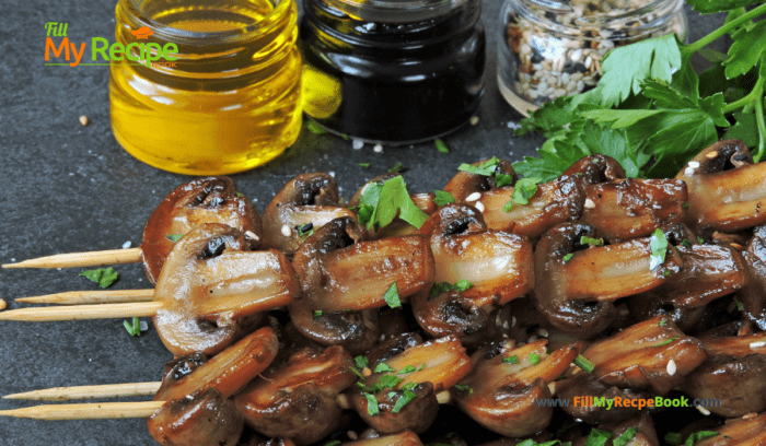 Grilled Sliced Button Mushroom Kebabs recipe idea for a braai or barbecue. A healthy and tasty side dish or appetizer on skewers for a meal.