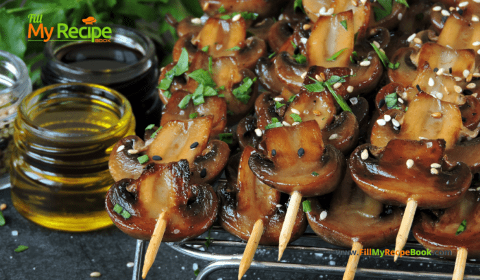 Grilled Sliced Button Mushroom Kebabs recipe idea for a braai or barbecue. A healthy and tasty side dish or appetizer on skewers for a meal.