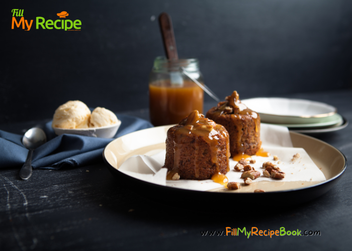 Sticky Date Pudding and Sauce recipe. Easy fine dining dessert idea is known as sticky toffee pudding, served warm with butterscotch sauce.