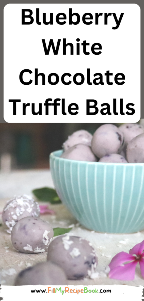 Blueberry White Chocolate Truffle Balls recipe. Easy candy to create, a no bake dessert or snack, filled with blueberries and freezes well.