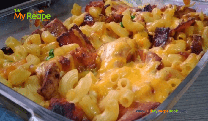 Chicken Bacon Butternut Pasta Dish recipe idea. All in one creamy casserole for a dinner or lunch meal for the family on those chilly days.
