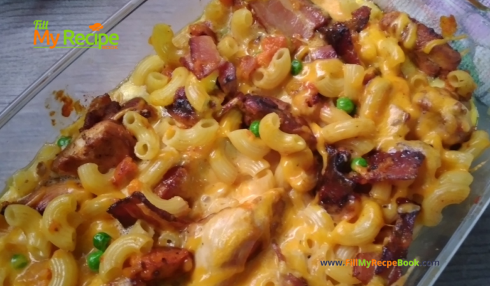 Chicken Bacon Butternut Pasta Dish recipe idea. All in one creamy casserole for a dinner or lunch meal for the family on those chilly days.