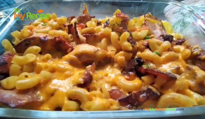 Chicken Bacon Butternut Pasta Dish recipe idea. All in one creamy casserole for a dinner or lunch meal for the family on those chilly days.