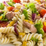 Fresh Tuna Pasta Salad Recipe idea for a full meal in the summer. Protein and pasta with fresh salad for a side dish or complete meal.