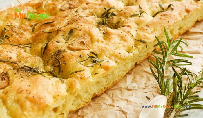 Garlic Rosemary Focaccia Bread Machine Recipe. A bread machine dough for an easy oven bake side with fresh rosemary and herbs topping.