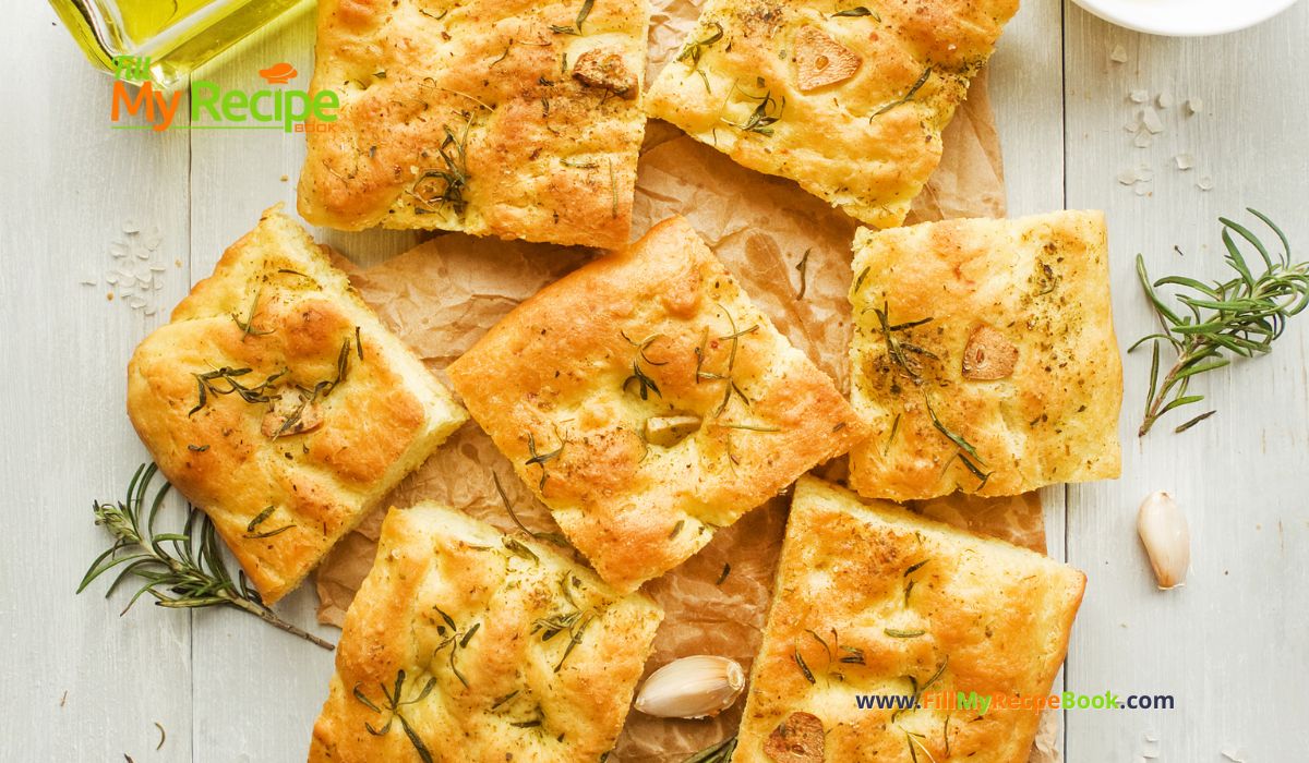 Garlic Rosemary Focaccia Bread Machine Recipe. A bread machine dough for an easy oven bake side with fresh rosemary and herbs topping.