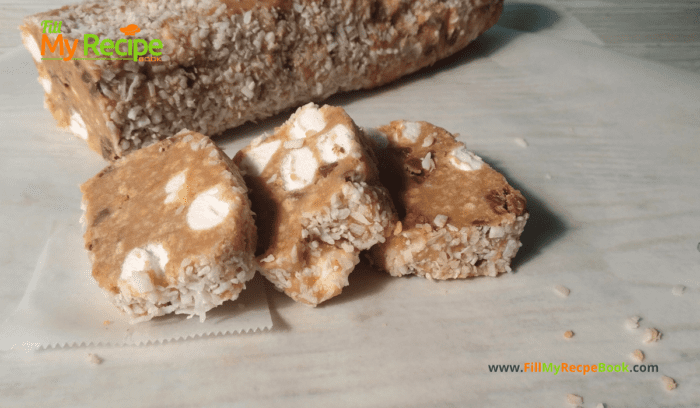 Marshmallow Fridge Cake Biscuits recipe idea for a dessert. A No Bake stove top recipe with biscuit and condensed milk, coconut coated.