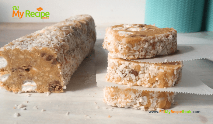 Marshmallow Fridge Cake Biscuits recipe idea for a dessert. A No Bake stove top recipe with biscuit and condensed milk, coconut coated.