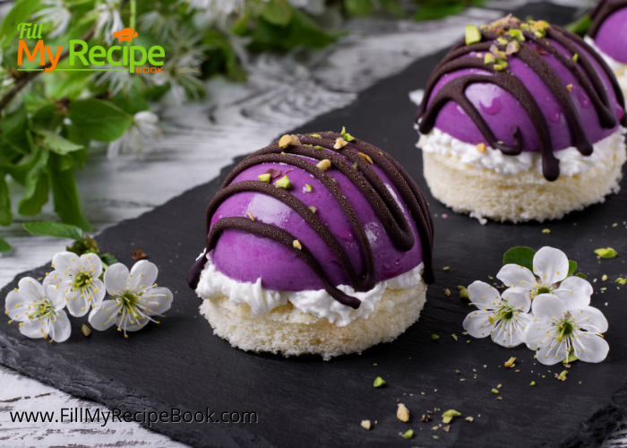 Mini Blueberry Mousse Cakes Glazed Recipe. A gelatin set dessert with a base of almond sponge cake with blueberry mousse fillings.