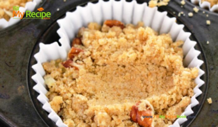 Simple Crumbed Pecan Muffins recipe are an easy healthy idea. The streusel topping is made with cinnamon and pecan chopped nuts.