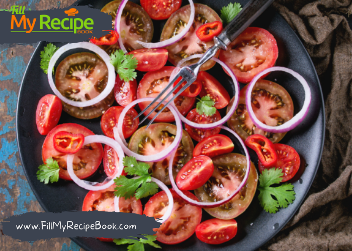 Simple Tomato and Onion Salad recipe with spiced balsamic dressing. Easy side dish idea for a braai, barbecue, healthy South African recipe.