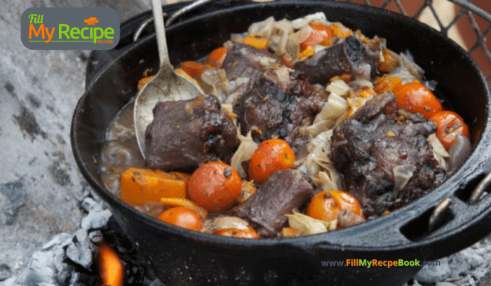 A Tasty Oxtail Potjie Recipe idea for the best easy South African one pot meal for a family on coals on an open fire for lunch or dinner.