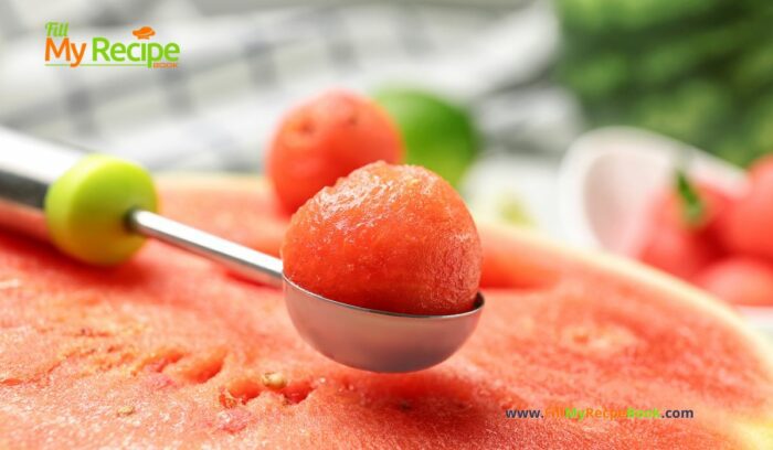 watermelon, Watermelon and Melon Balls Appetizers recipe on toothpicks or skewers for a cool thirst quenching summer snack to hydrate in the hot days.