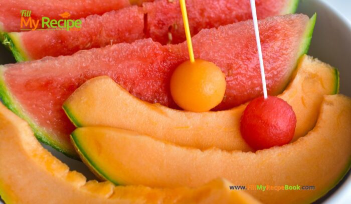Watermelon and Melon Balls Appetizers recipe on toothpicks or skewers for a cool thirst quenching summer snack to hydrate in the hot days.
