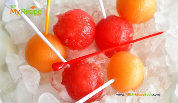 Watermelon and Melon Balls Appetizers recipe on toothpicks or skewers for a cool thirst quenching summer snack to hydrate in the hot days.