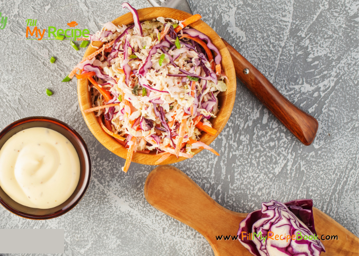 Crunchy Coleslaw Salad and Sauce recipe idea to add to braai’s, barbecue meals as a cold side dish. Healthy summer salad with dressings.