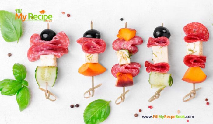 Mini Salami Feta Peach Skewer recipe ideas with fruit and fresh cold salad and feta appetizers. A cocktail party finger food for a crowd.