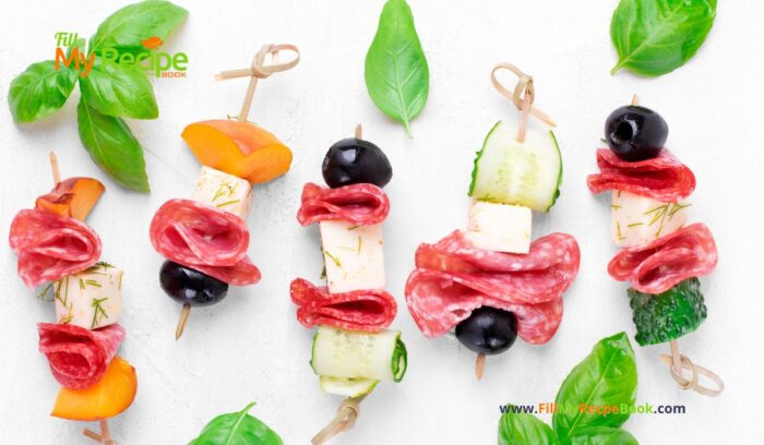 Mini Salami Feta Peach Skewer recipe ideas with fruit and fresh cold salad and feta appetizers. A cocktail party finger food for a crowd.