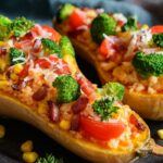 Butternut Squash Stuffed and Roasted recipe with vegetables, rice, bacon and cheese. An oven roast that is a healthy side dish with a meal.