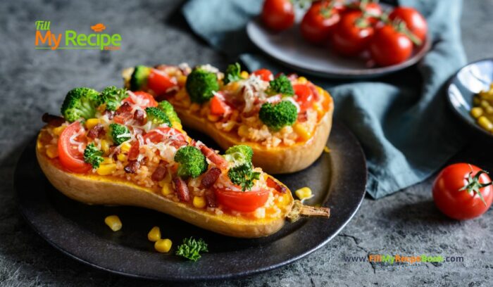 Butternut Squash Stuffed and Roasted recipe with vegetables, rice, bacon and cheese. An oven roast that is a healthy side dish with a meal.