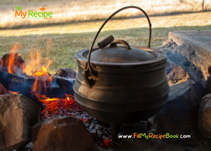 Filling Lamb Shank Potjie recipe. A South African family pot around the fire with lamb shank and potatoes. Simmering on coals while chatting.