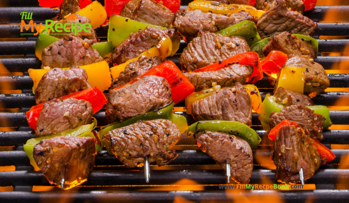 Marinated Grilled Beef and Peppers Sosaties recipe on a braai or barbecue. Kebabs, sosaties they all the same, beef, bell peppers and onion.