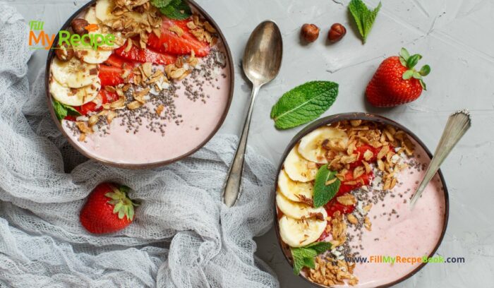 A Healthy Strawberry Banana Smoothie Bowl recipe idea for a quick and filling breakfast with Greek yogurt and granola sweetened with honey.