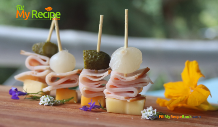 Make these Easy Savory Toothpick Appetizers Ideas or finger foods recipe. Bite size cold foods for a party with turkey, cheese on pickles.