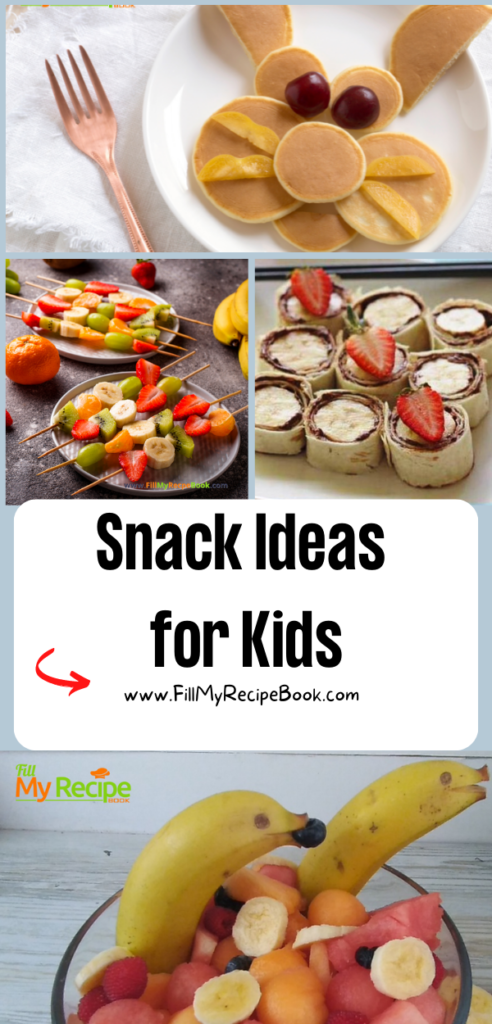 Snack Ideas for Kids recipes to create at home. Animal shapes of Healthy fruit and simple bakes of pancakes to get children to eat well.