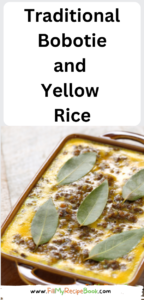 Traditional Bobotie and Yellow Rice casserole recipe. Authentic oven baked dish with some warming curry spices, minced meat, apricot jam