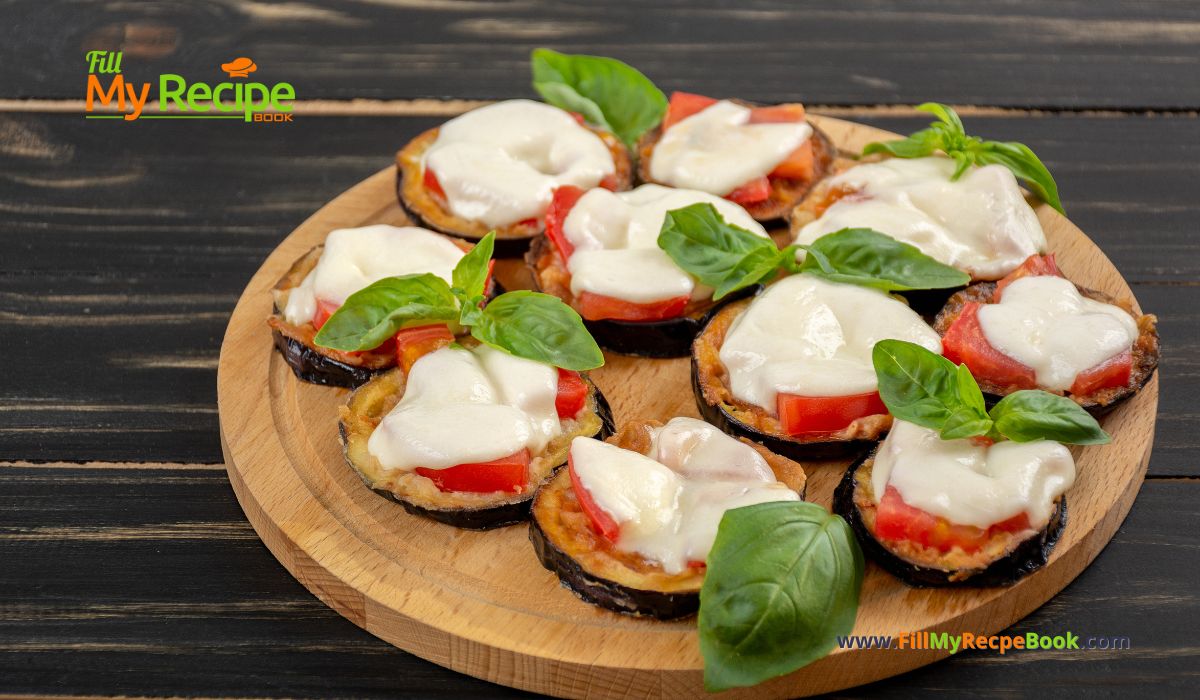 Grilled Caprese Eggplant Steak recipe idea for a healthy meal. A quick and easy side dish for meals, topped with cheese, tomato and spices. Makes a delicious fine dining side or main meal for vegetarians. GF.