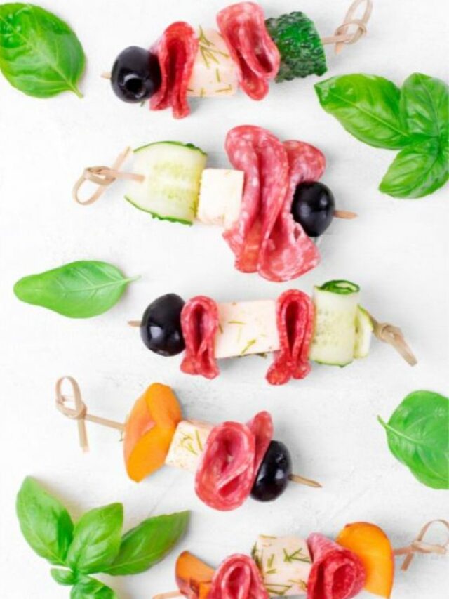 Mini Salami Feta Peach Skewer recipe ideas with fruit and fresh cold salad and feta appetizers. A cocktail party finger food for a crowd.