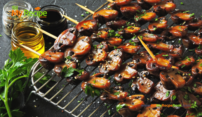 Grilled Sliced Button Mushroom Kebabs recipe idea for a braai or barbecue. A healthy and tasty side dish or appetizer on skewers for a meal.