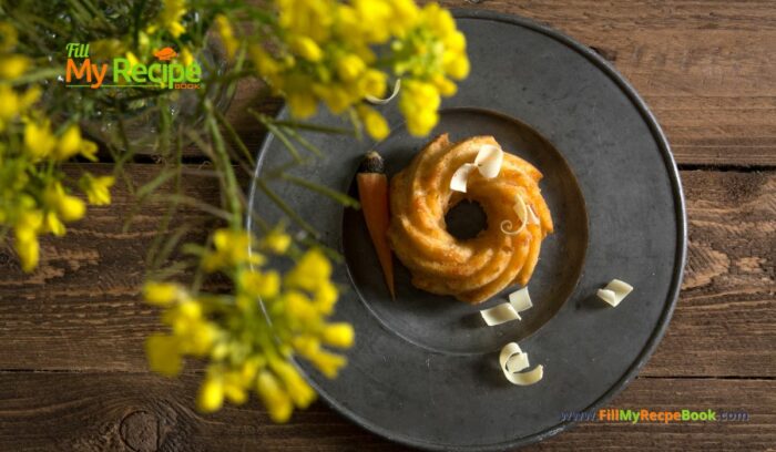 Mini Carrot Cake with White Chocolate recipe idea. A mini Bundt shape bite for a fine dining dessert, topped with shaved white chocolate.