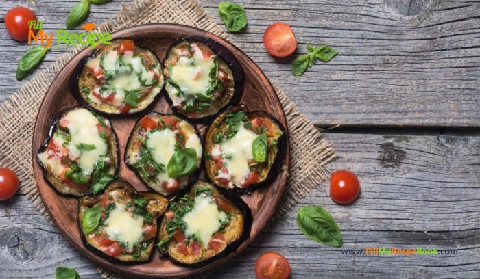 Easy Mini Eggplant Pizza recipe idea. A very simple oven bake healthy vegetarian or gluten free snack or side dish filled with vitamins.