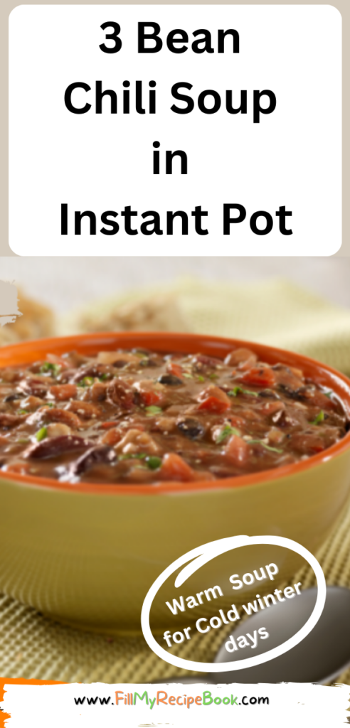 3 Bean Chili Soup in Instant Pot recipe. This easy and healthy vegetarian chili soup is a winter meal, add meat for a versatile soup.