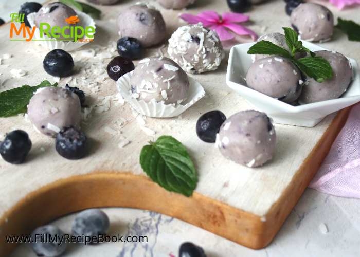 Blueberry White Chocolate Truffle Balls recipe. Easy candy to create, a no bake dessert or snack, filled with blueberries and freezes well.