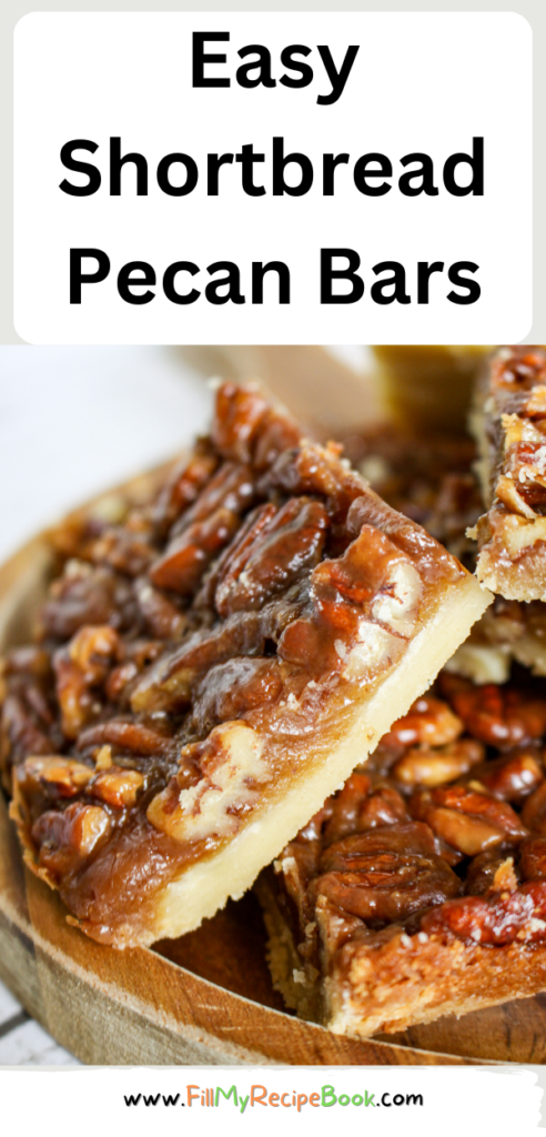 Easy Shortbread Pecan Bars recipe. A shortbread crust topped with pecan nuts, honey, cream and brown sugar for a healthy snack bar.