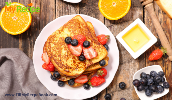 French Toast with Blueberries and Strawberries. A special occasion breakfast to be made adding berries and honey.