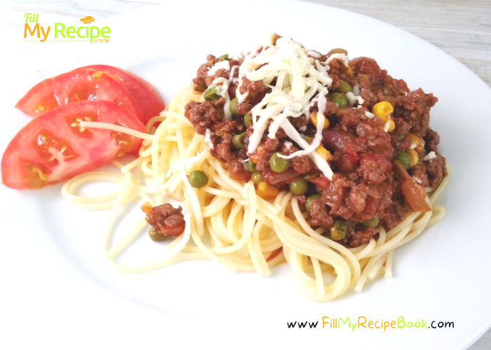 Minced Beef Spaghetti and Veggies recipe for lunch idea. Create this easy meat and simple pasta meal and use left over mince on sandwiches.